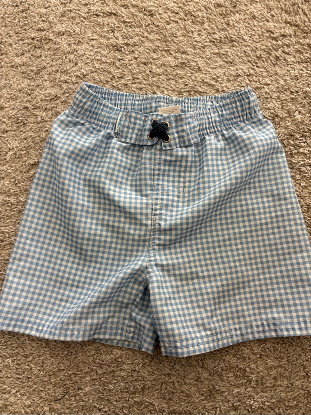 Light Blue Gingham Kids' Swim Trunks with Elastic Waist
